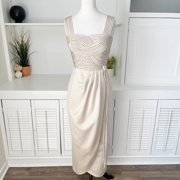 Victor Costa Dresses & Skirts - Vintage Victor Costa Champagne Piped Woven Bodice Midi Tulip Dress Size 4/S